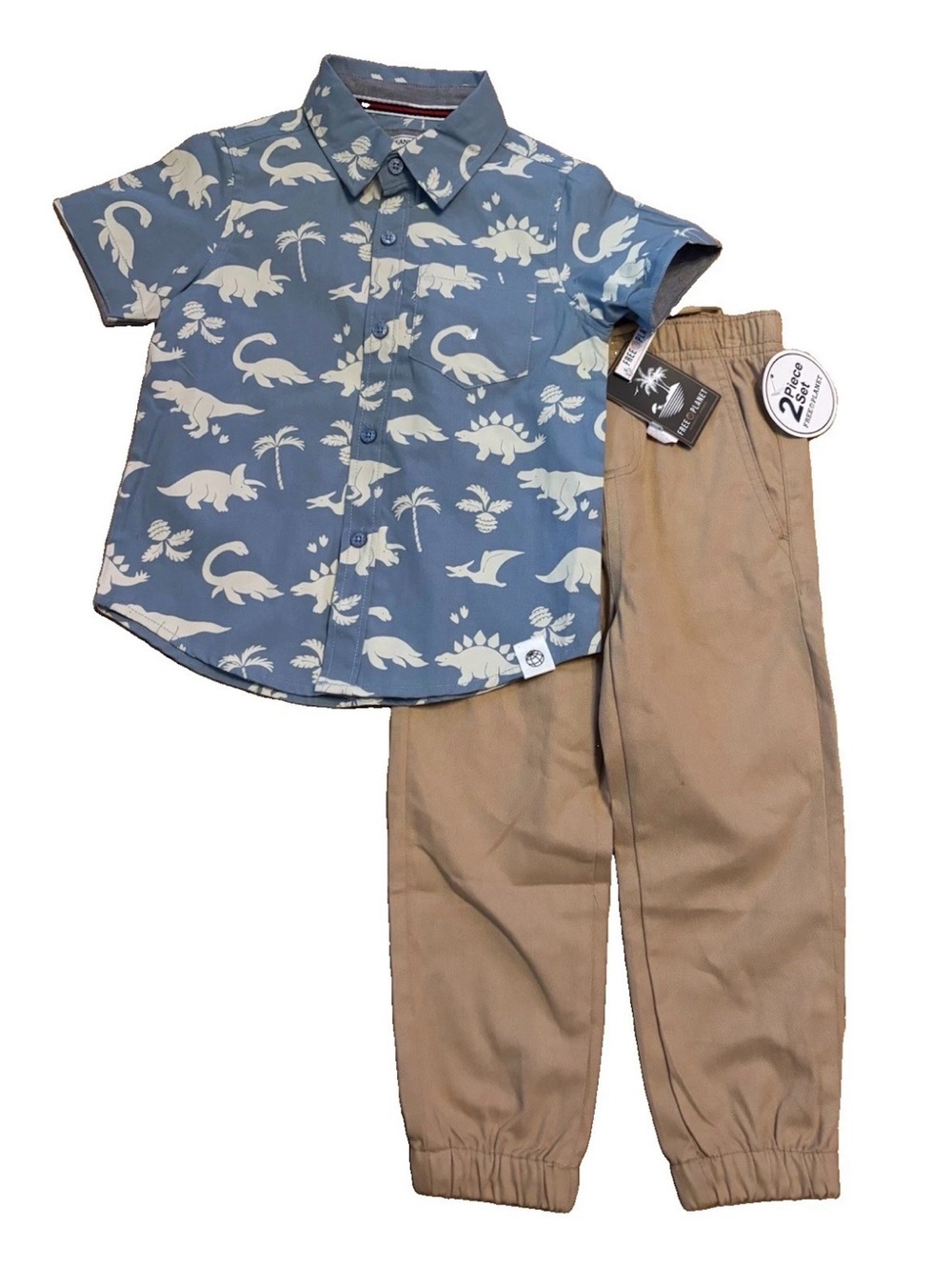 Free Planet Little Boys Dinosaur Button Down Shirt With Khaki Joggers - 2T
